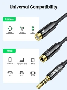 UGREEN 3.5mm Male To 2 Port 3.5mm Female Audio Stereo Y Splitter Cable Adapter For Earphone Headphone Headset And Microphone - Black - View 5