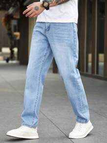 Manfinity Homme 男士棉质漂白水洗直筒牛仔裤纯色长款水洗直筒浅蓝色工装牛仔裤浅色牛仔裤，适合送给老公、男朋友的礼物 - 淺色水洗藍 - 查看 1