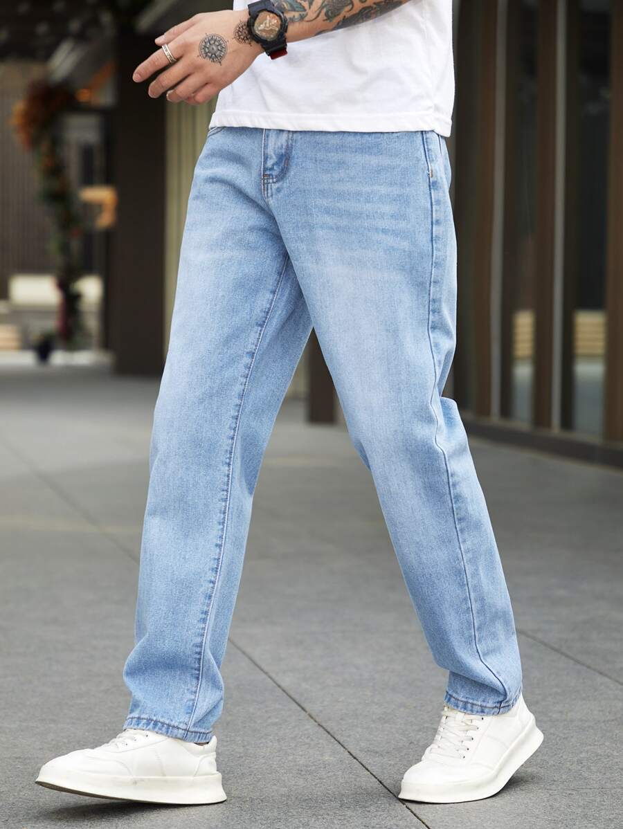 Manfinity Homme 男士棉质漂白水洗直筒牛仔裤纯色长款水洗直筒浅蓝色工装牛仔裤浅色牛仔裤，适合送给老公、男朋友的礼物 - 淺色水洗藍 - 查看 1