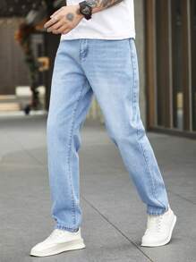 Manfinity Homme 男士棉质漂白水洗直筒牛仔裤纯色长款水洗直筒浅蓝色工装牛仔裤浅色牛仔裤，适合送给老公、男朋友的礼物 - 淺色水洗藍 - 查看 5