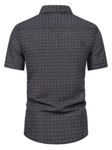 Manfinity Homme 男士全印花修身短袖鈕扣圖形工作商務休閒襯衫 - 黑色 - 查看 2