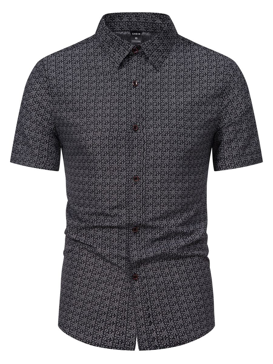 Manfinity Homme 男士全印花修身短袖鈕扣圖形工作商務休閒襯衫 - 黑色 - 查看 1
