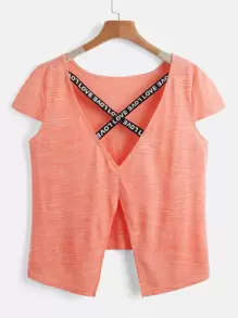 Easithlete Letter Tape Criss Cross Back Split Hem Sports Tee - Coral Orange - View 7