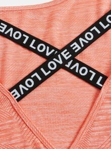 Easithlete Letter Tape Criss Cross Back Split Hem Sports Tee - Coral Orange - View 9