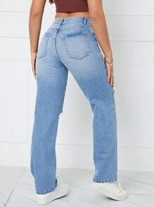 破洞直筒牛仔褲 - 淺色水洗藍 - 查看 2