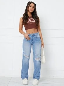 破洞直筒牛仔褲 - 淺色水洗藍 - 查看 1