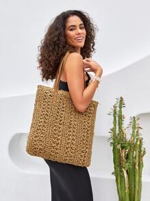SHEIN VCAY Bolsa de mimbre minimalista - Camel - Ver 1
