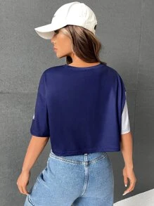 SHEIN EZwear Áo Crop bóng chày Đồ họa Chữ cái Thả vai - Màu xanh hải quân - Xem 3
