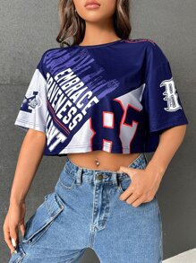 SHEIN EZwear Áo Crop bóng chày Đồ họa Chữ cái Thả vai - Màu xanh hải quân - Xem 4