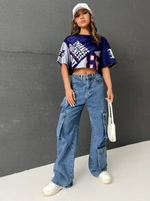 SHEIN EZwear Áo Crop bóng chày Đồ họa Chữ cái Thả vai - Màu xanh hải quân - Xem 5