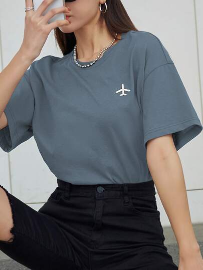 DAZY Airplane Embroidery Drop Shoulder Tee