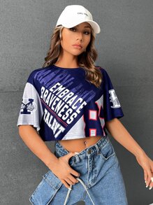 SHEIN EZwear Áo Crop bóng chày Đồ họa Chữ cái Thả vai - Màu xanh hải quân - Xem 6