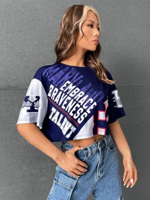 SHEIN EZwear Áo Crop bóng chày Đồ họa Chữ cái Thả vai - Màu xanh hải quân - Xem 7