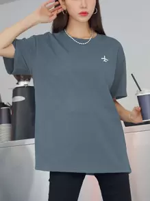 DAZY Airplane Embroidery Drop Shoulder Tee - Dusty Blue - View 3