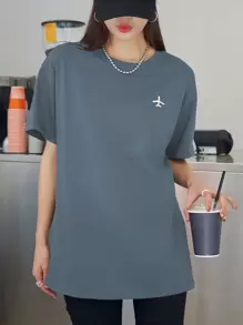 DAZY Airplane Embroidery Drop Shoulder Tee - Dusty Blue - View 5