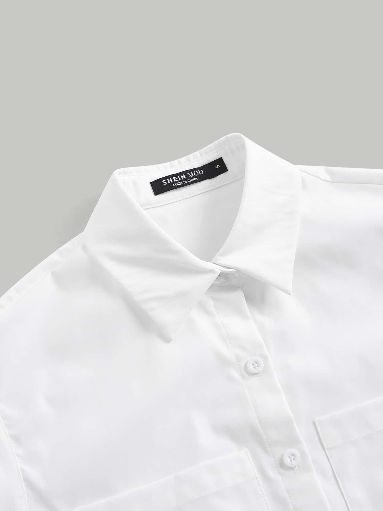 SHEIN MOD Dual Pocket Batwing Sleeve Crop White Summer Shirt - White - View 5