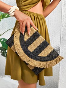 SHEIN VCAY Bolsa de mimbre de dos tonos ribete con fleco con solapa