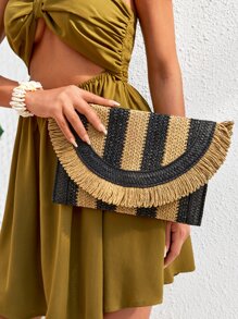 SHEIN VCAY Bolsa de mimbre de dos tonos ribete con fleco con solapa