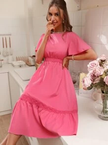 SHEIN Holidaya Guipure Lace Insert Ruffle Hem Dress