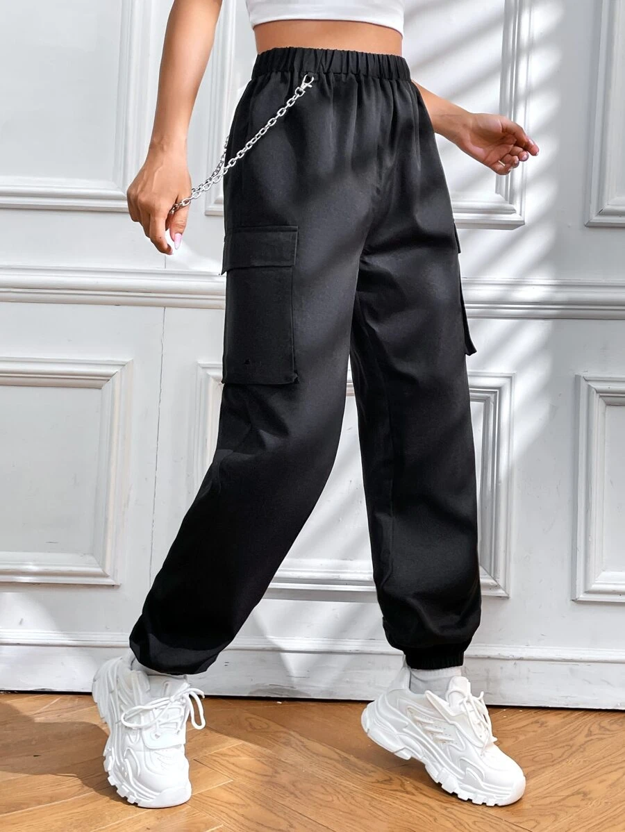 SHEIN Unity Chain Detail Flap Pocket Cargo Trousers - Black - View 1