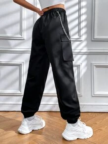 SHEIN Unity Chain Detail Flap Pocket Cargo Trousers - Black - View 2