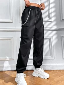 SHEIN Unity Chain Detail Flap Pocket Cargo Trousers - Black - View 3