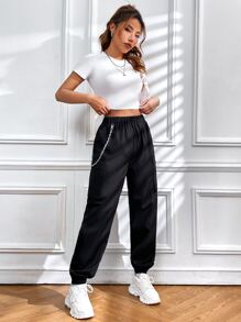 SHEIN Unity Chain Detail Flap Pocket Cargo Trousers - Black - View 5