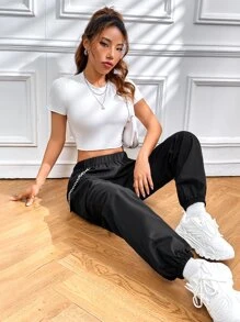 SHEIN Unity Chain Detail Flap Pocket Cargo Trousers - Black - View 6