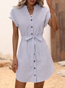 SHEIN LUNE Đầm Thắt lưng Nút phía trước Sọc Giải trí - Xanh và trắng - Xem 1