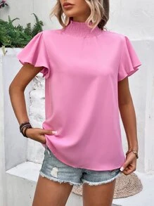 SHEIN VCAY Mock Neck Butterfly Sleeve Blouse - Pink - View 3