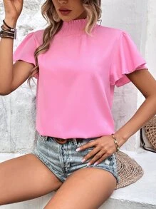 SHEIN VCAY Mock Neck Butterfly Sleeve Blouse - Pink - View 5