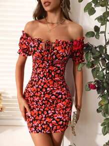 SHEIN WYWH Allover Print Off Shoulder Puff Sleeve Dress - Multicolor - View 3