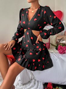 SHEIN Privé 愛心圖案腰部鏤空荷葉袖荷葉邊連衣裙