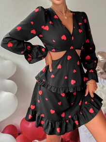 SHEIN Privé 愛心圖案腰部鏤空荷葉袖荷葉邊連衣裙