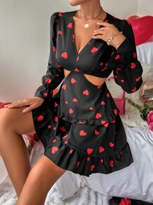 SHEIN Privé 愛心圖案腰部鏤空荷葉袖荷葉邊連衣裙