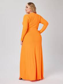 大碼前紐扣羅紋針織洋裝 - 橘色 - 查看 2