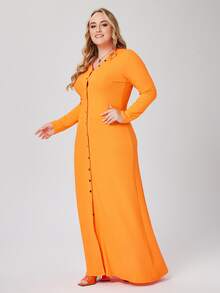 大碼前紐扣羅紋針織洋裝 - 橘色 - 查看 3