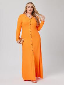 大碼前紐扣羅紋針織洋裝 - 橘色 - 查看 6