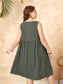 EMERY ROSE Plus Button Front Smock Dress Casual Women Dresses - Dark Green - View 2