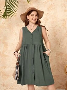 EMERY ROSE Plus Button Front Smock Dress Casual Women Dresses - Dark Green - View 4