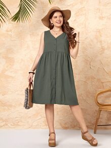EMERY ROSE Plus Button Front Smock Dress Casual Women Dresses - Dark Green - View 6