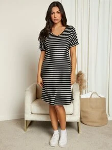 SHEIN 孕婦V領條紋印花連衣裙 - 黑與白 - 查看 4