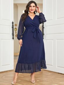 Modelyn Vestido con cinturón de malla en contraste de manga obispo bajo con fruncido - Azul Marino - Ver 1