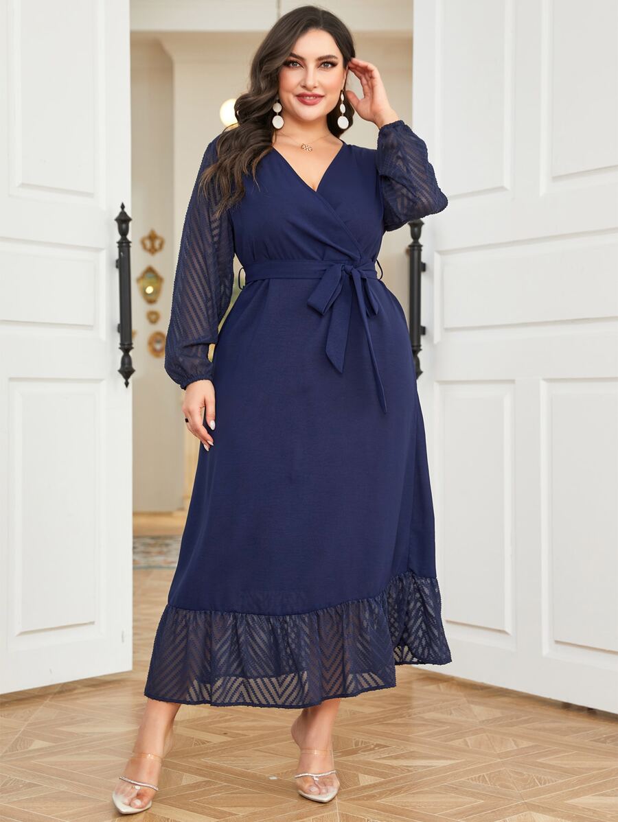 Modelyn Vestido con cinturón de malla en contraste de manga obispo bajo con fruncido - Azul Marino - Ver 1