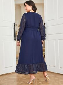 Modelyn Vestido con cinturón de malla en contraste de manga obispo bajo con fruncido - Azul Marino - Ver 2