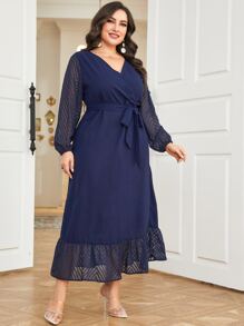 Modelyn Vestido con cinturón de malla en contraste de manga obispo bajo con fruncido - Azul Marino - Ver 4