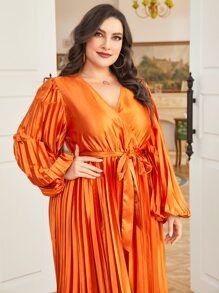 Modelyn 大碼燈籠袖腰帶緞面連衣裙 - 橘色 - 查看 5