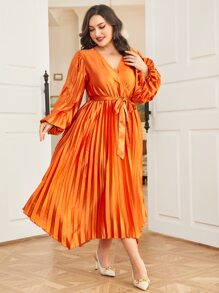 Modelyn 大碼燈籠袖腰帶緞面連衣裙 - 橘色 - 查看 6