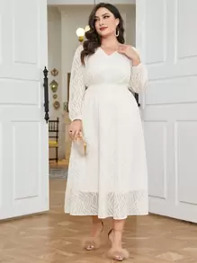 Mulvari Plus V Neck Lantern Sleeve Dress - Apricot - View 1