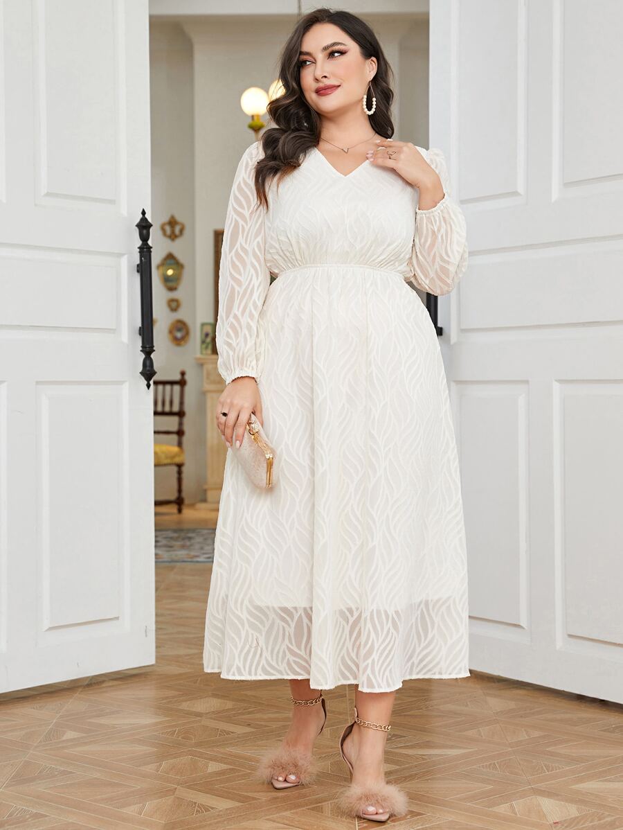 Mulvari Plus V Neck Lantern Sleeve Dress - Apricot - View 1